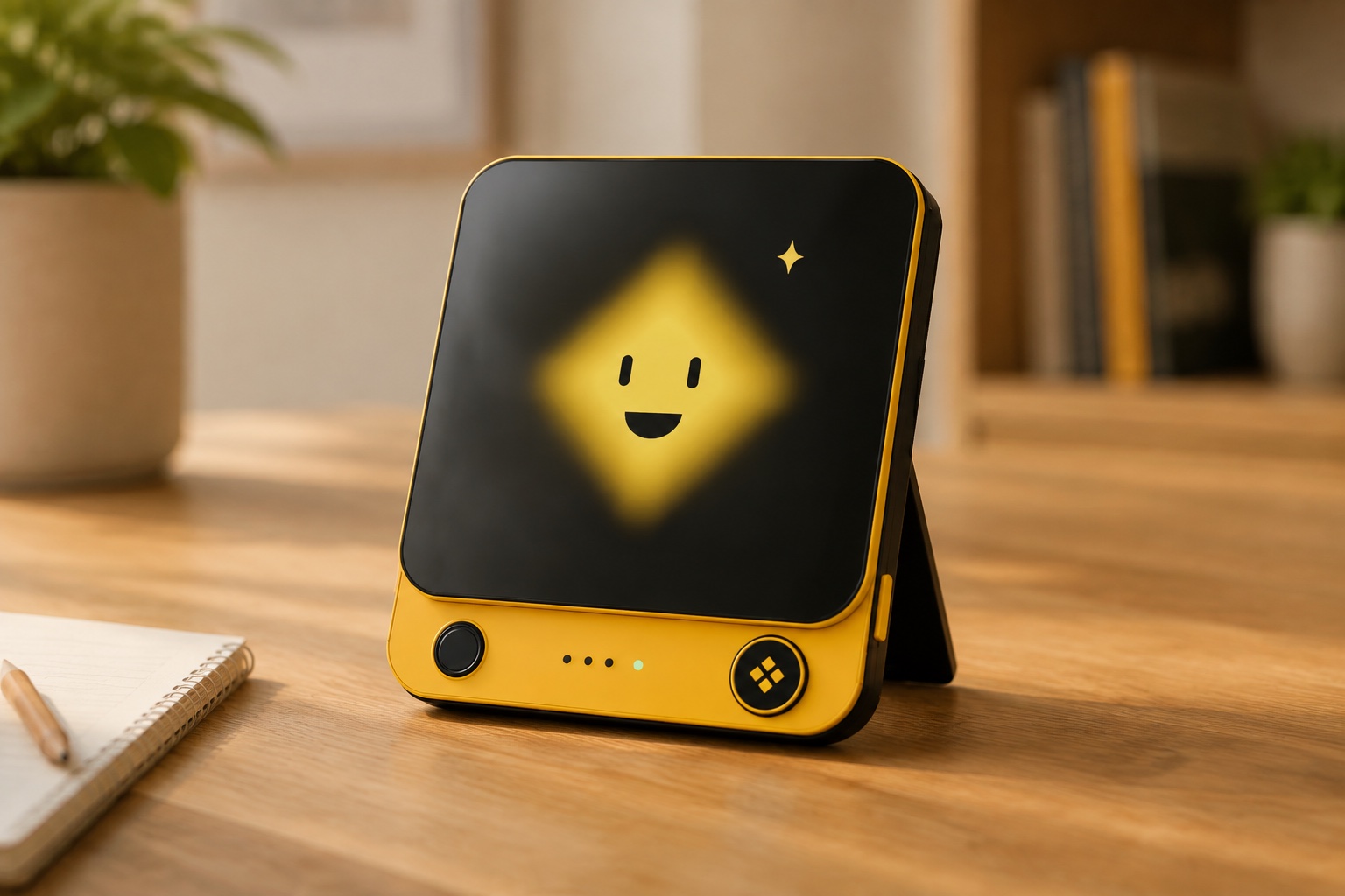 BiBi Box 靠展开的支架立在木质书桌上，正面屏幕显示暖光 BiBi；AI 生成场景图